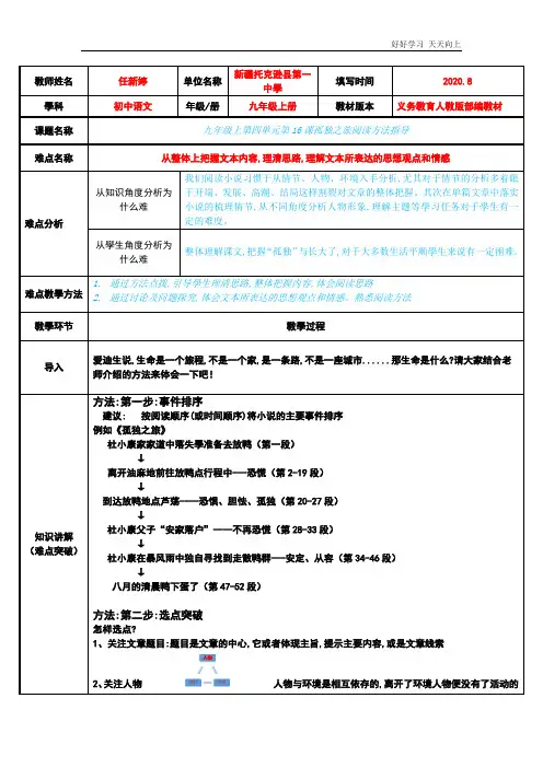 人教版(部编版)九年级初三语文上册 第 课孤独之旅阅读指导 名师教学教案 教学设计反思