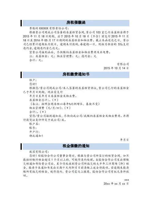 催缴房租通知函共3篇