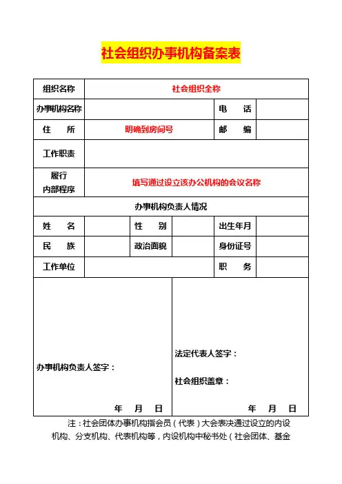 社会组织办事机构备案表(示例)