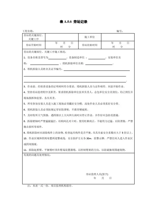 塔吊(塔机)拆除监理旁站记录(范本)