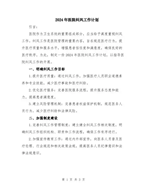2024年医院纠风工作计划