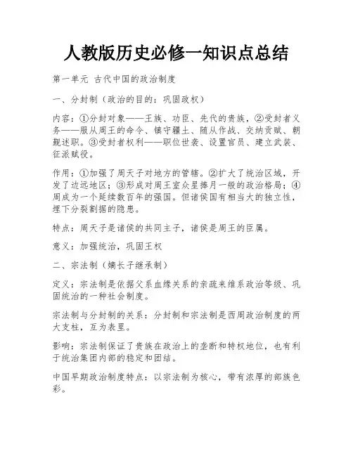 人教版历史必修一知识点总结