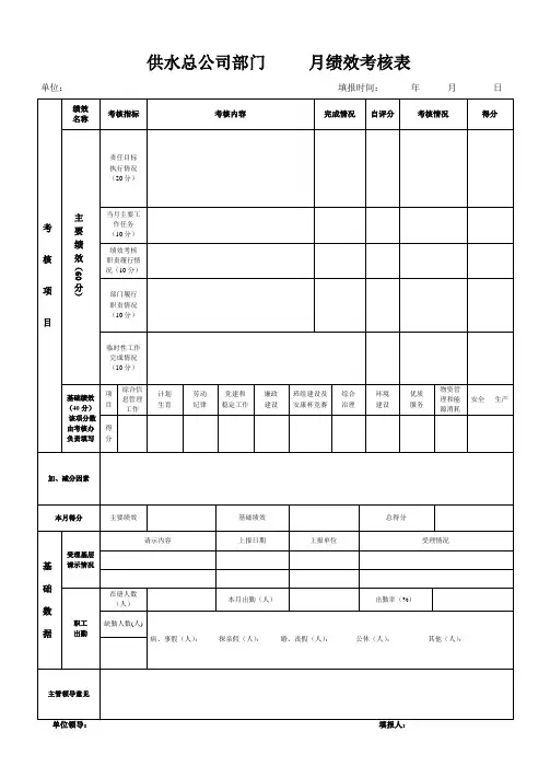 供水总公司部门绩效考核表
