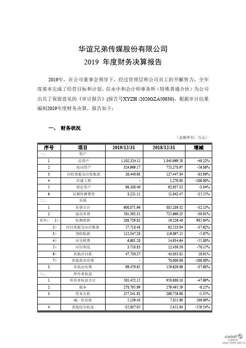 华谊兄弟：2019年度财务决算报告