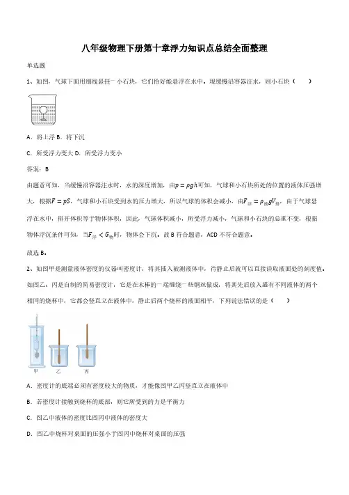 八年级物理下册第十章浮力知识点总结全面整理(带答案)