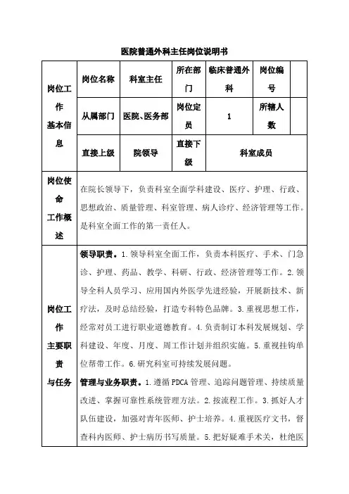 医院普通外科主任岗位说明书