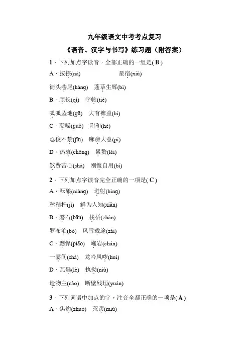 九年级语文中考考点复习《语音、汉字与书写》练习题(附答案)