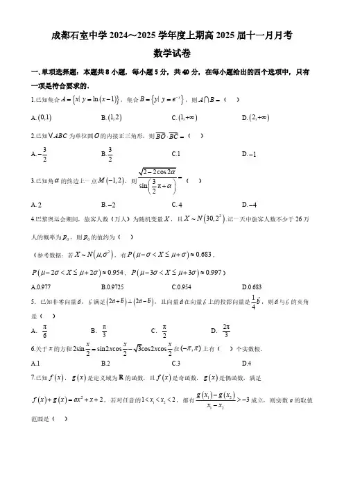 四川省成都市石室中学2024-2025学年高三上学期11月期中考试数学试题(含解析)