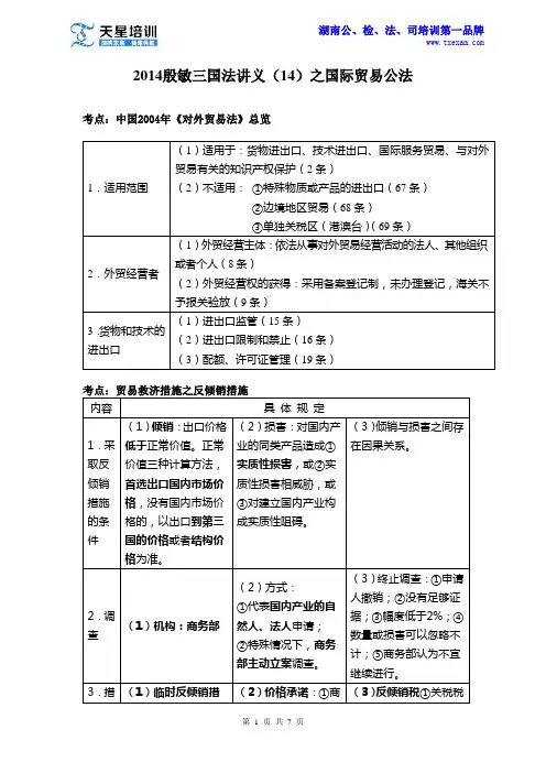 天星司考——2014殷敏三国法讲义(14)之国际贸易公法