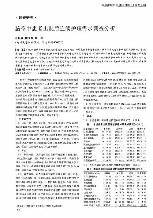 脑卒中患者出院后连续护理需求调查分析