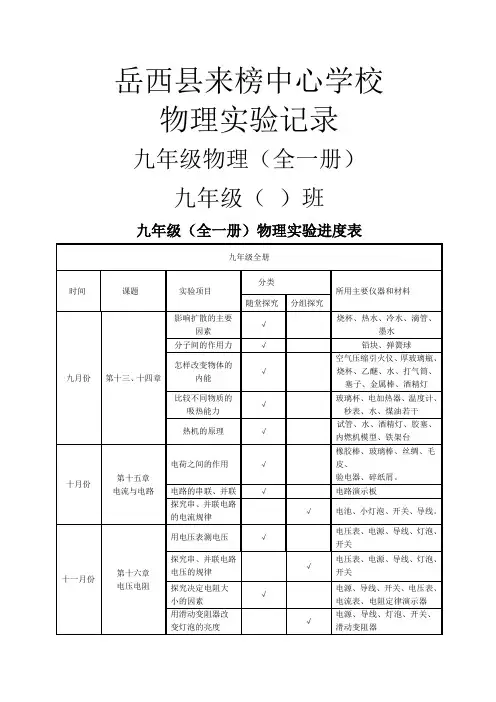 九年级物理全一册物理实验记录