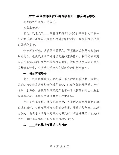 2023年宣传部长在环境专项整治工作会讲话模板