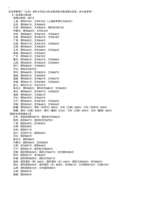 （北京）清华大学2013年全国录取分数线