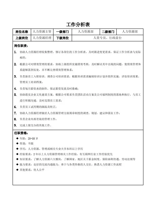 工作分析表-人力资源主管
