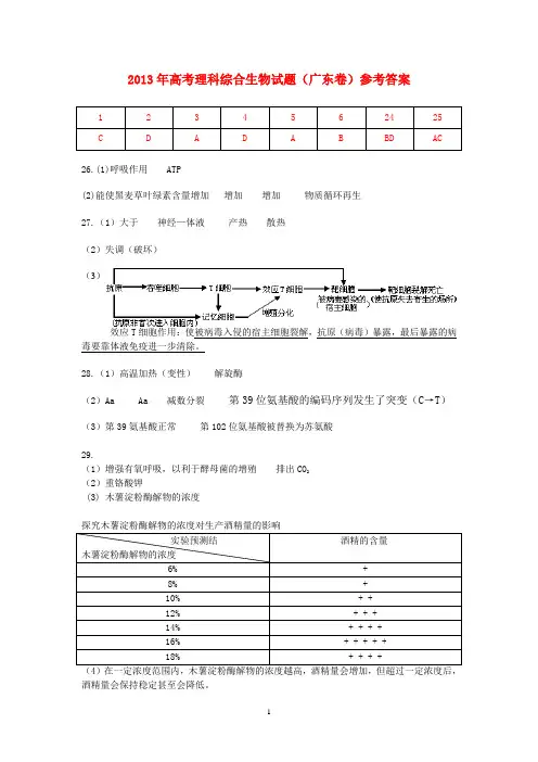 2013年广东高考生物及参考答案