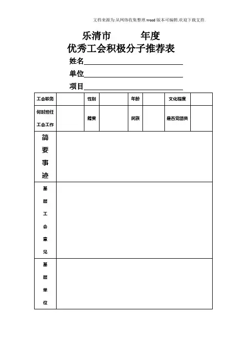 工会各类先进申报表