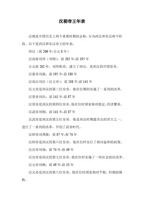 汉朝帝王年表