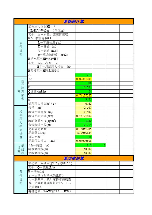 渣浆泵扬程功率计算