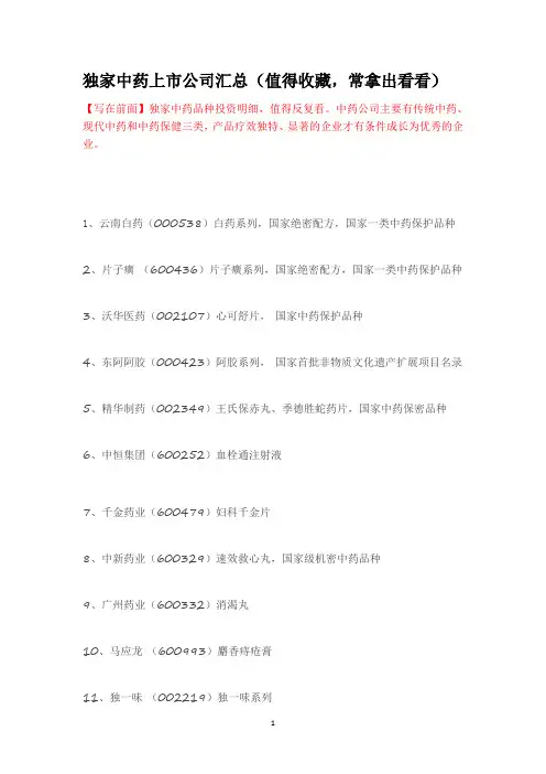 独家中药上市公司汇总(值得收藏,常拿出看看)