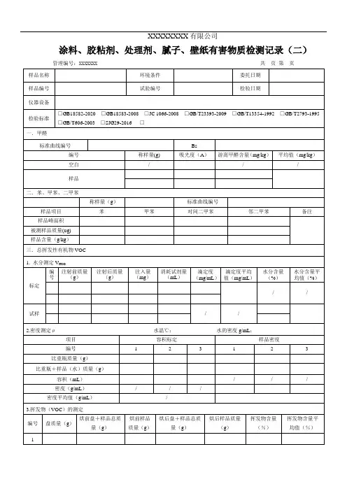 涂料、胶粘剂、处理剂、腻子、壁纸有害物质检测原始记录(二)(2020.12.01启用)
