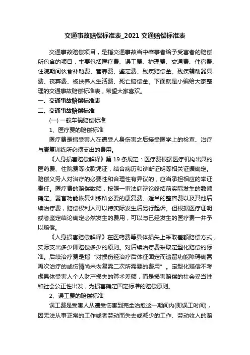 交通事故赔偿标准表_2021交通赔偿标准表