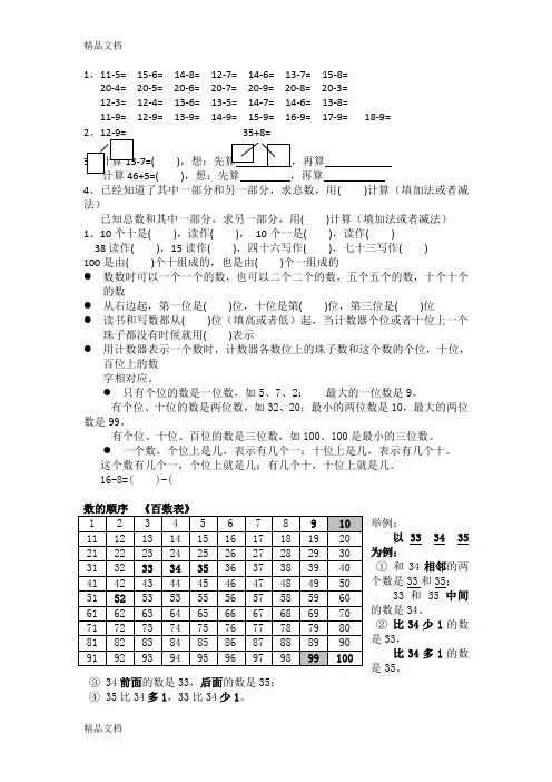 最新新苏教版一年级数学下错题易错知识点整理