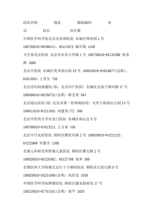 北京医院名单