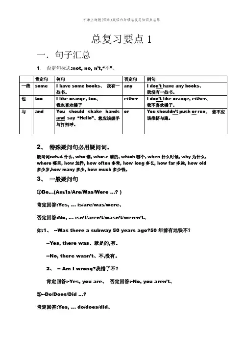 牛津上海版(深圳)英语六年级总复习知识点总结