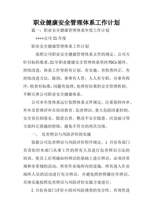 职业健康安全管理体系工作计划