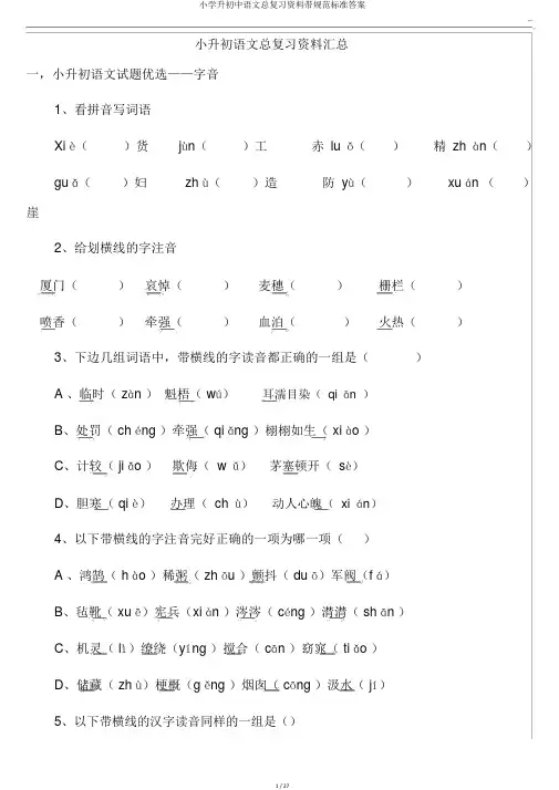 小学升初中语文总复习资料带规范标准答案