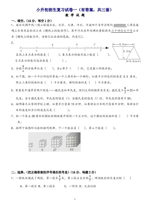 2019小升初考试数学试题及答案解析[共3套]