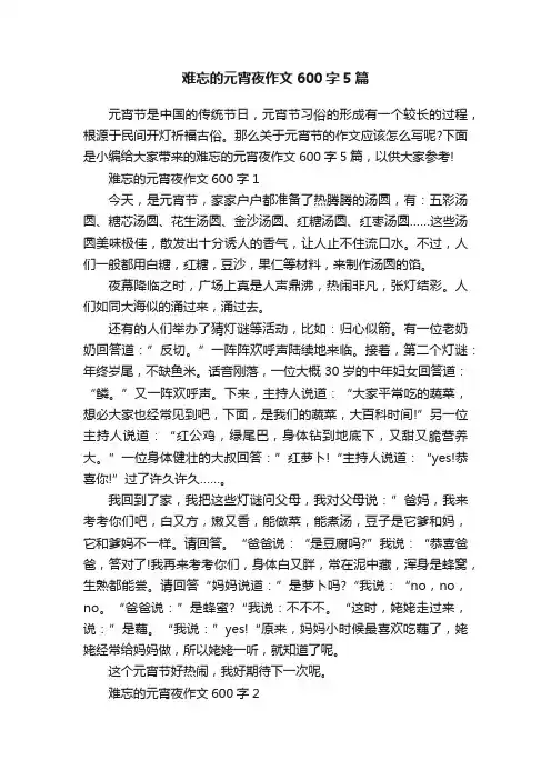 难忘的元宵夜作文600字5篇