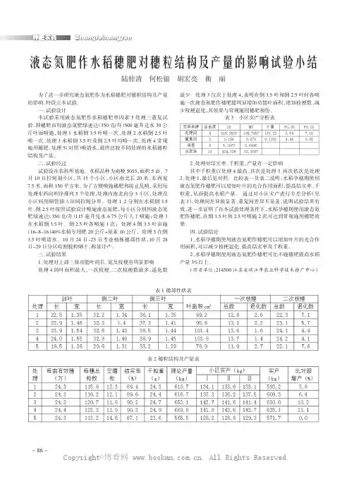 液态氮肥作水稻穗肥对穗粒结构及产量的影响试验小结