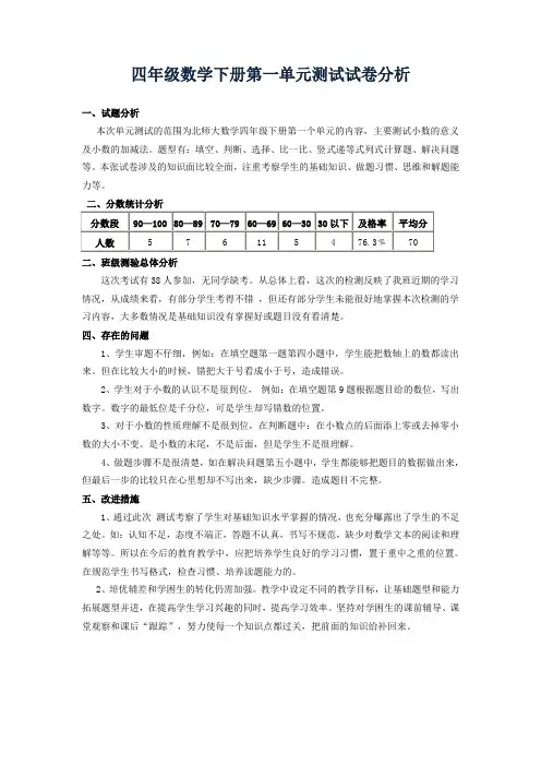 北师大版四年级数学下册试卷分析