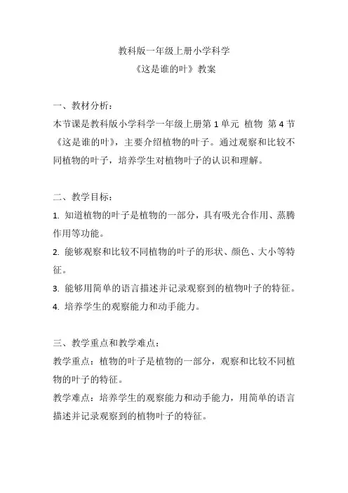 教科版一年级上册小学科学《这是谁的叶》教案