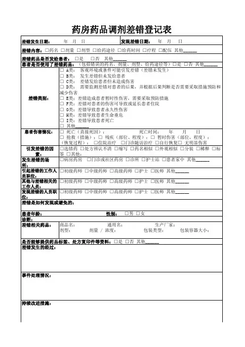 药品调剂差错登记表