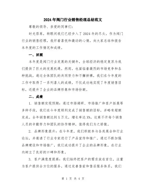 2024年阀门行业销售经理总结范文