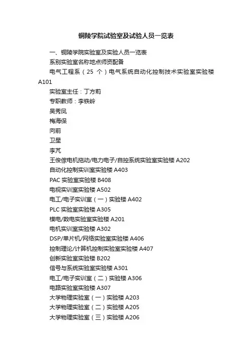 铜陵学院试验室及试验人员一览表