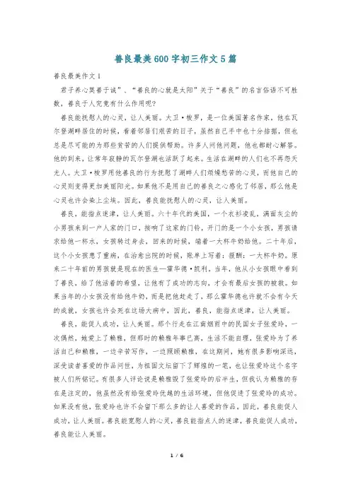 善良最美600字初三作文5篇