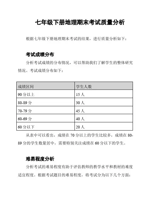 七年级下册地理期末考试质量分析