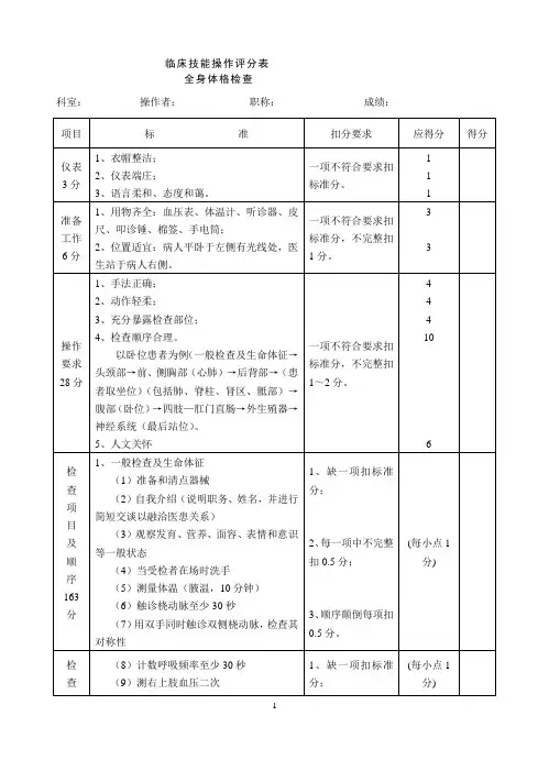 全身体格检查评分表