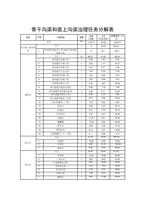 骨干沟渠和面上沟渠治理任务分解表