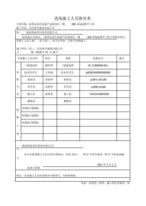 进场施工人员报审表