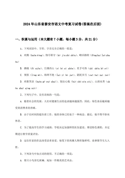 山东省泰安市语文中考试卷及解答参考(2024年)