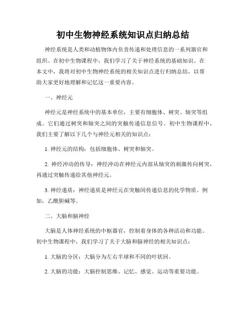 初中生物神经系统知识点归纳总结