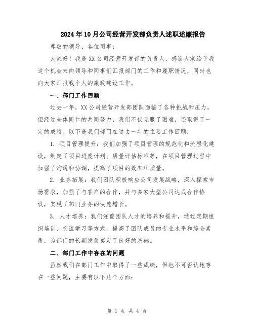 2024年10月公司经营开发部负责人述职述廉报告