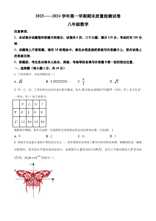 河南省平顶山市叶县2023-2024学年八年级上学期期末数学试题(含解析)