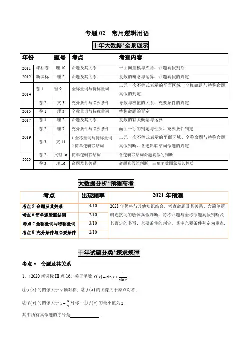 高考数学近十年常用逻辑用语真题汇编(解析版)