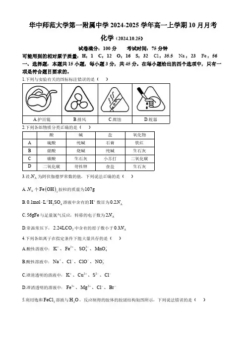 湖北省华中师范大学第一附属中学2024-2025学年高一上学期10月月考 化学试题(含答案)