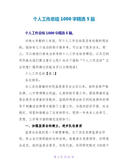 个人工作总结1000字5篇